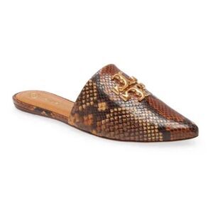 Tory Burch Eleanor Snake-Embossed Leather Mules Slip On Leather Big Logo 5.5‎ M